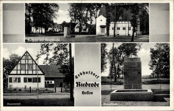 Postcard Riedrode Bürstadt in Hesse, memorial stone, farm, town hall, main street
