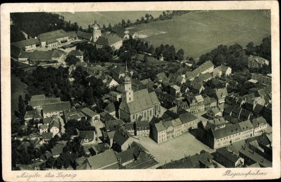 Postcard Mügeln in Saxony, aerial photo, place with church