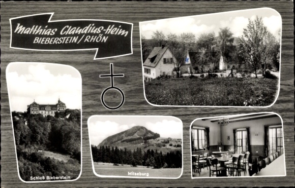 Postcard Bieberstein Rhön Hesse, castle, Milseburg, partial view, Mathias Claudius-Heim