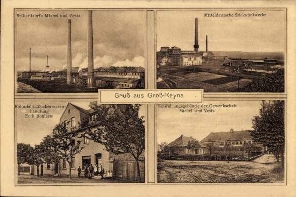 Postcard Großkayna Braunsbedra Saalekreis, briquette factory, nitrogen works, grocery store