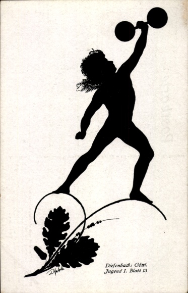 Paper cutting artist Postcard Diefenbach, Divine Youth 1, Part 13, Weightlifter