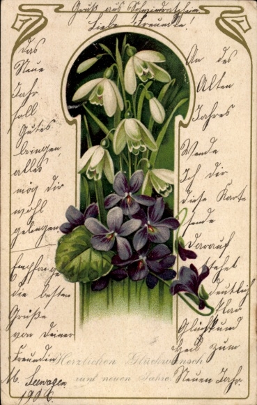 Chromo-Litho Happy New Year, snowdrops, violets