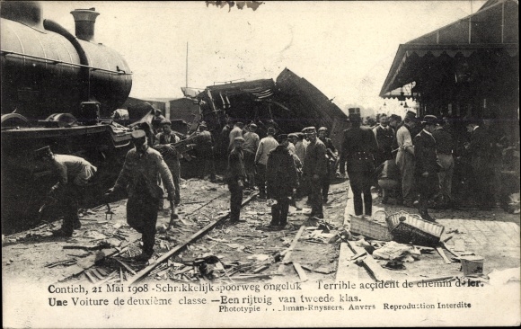Postcard Contich Kontich Flandern Antwerp, railway accident, accident de chemin de fer 1908, voiture