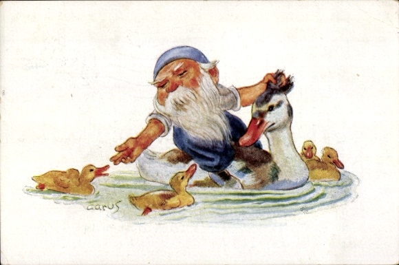 Artist Postcard Carus, Dwarf riding on a duck, ducklings