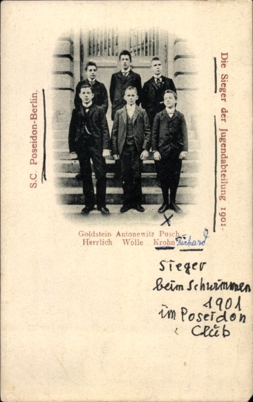 Postcard Berlin, SC Poseidon, The winners of the youth division 1901, Goldstein, Antonewitz, Pusch