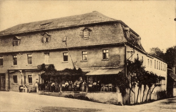Postcard Blankenhain in Thuringia, Gasthof zur hohen Linde, terrace with guests, photography