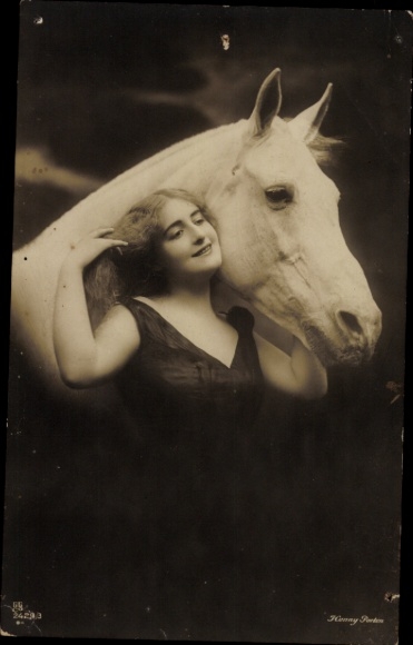 Postcard Woman and white horse, portrait