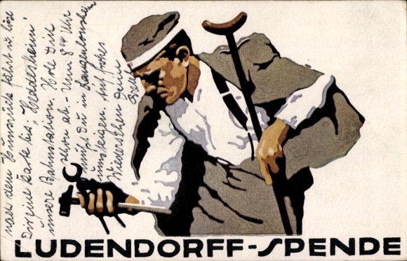 Postcard Ludendorff donation for war victims, veteran with tools