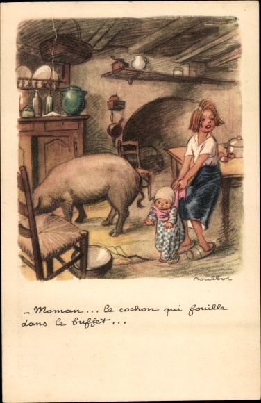 Artist PC Poulbot, Francisque, Ligue Nationale contre le Taudis, children and pig in a kitchen