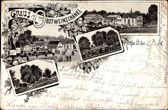 Vorläufer Litho Rötha in Sachsen, Obstweinschänke, Panorama vom Ort, 1895