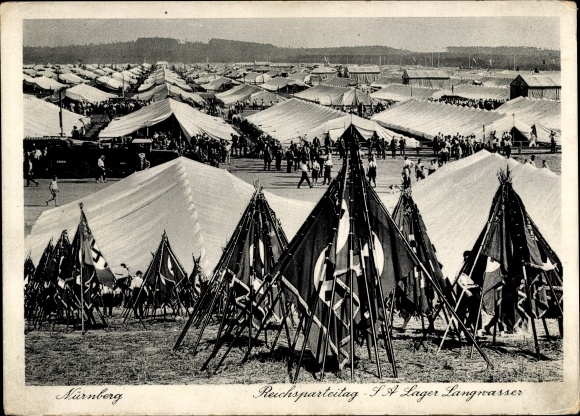 Postcard Nuremberg, Nazi party rally, SA Langwasser camp, flag pyramids