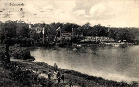 Postcard Berlin Spandau Wilhelmstadt Pichelswerder, riverside path, restaurant, jetty