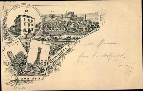 Chromo-Litho Gemünden in the Hunsrück, Gasthof zur Post, Koppenstein, Altenburg, view of the town