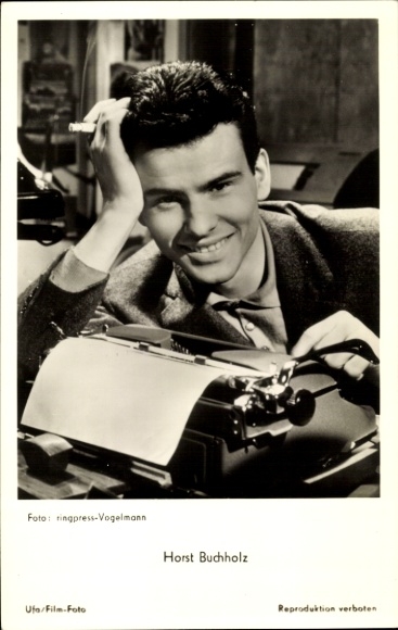 Postcard actor Horst Buchholz, portrait, typewriter