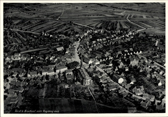 Postcard Forst (near Bruchsal) in Baden, aerial photograph of Forst near Bruchsal, dense rows of houses, fields