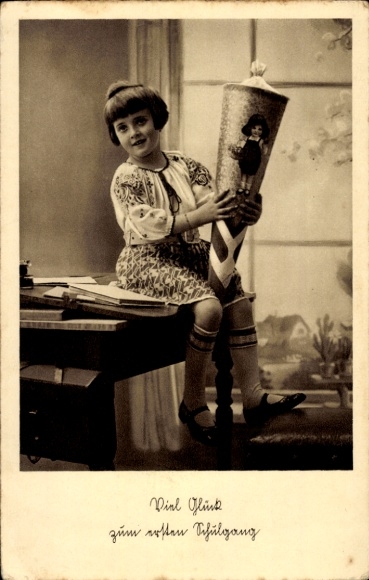 Photo Postcard Girl on the first day of school with candy cone, congratulations