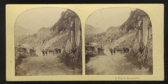Stereo photo country road near Borrowdale, horse-drawn carriage, two men with top hats