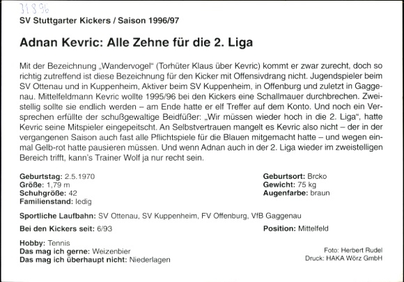 Karta autografu piłkarza Adnana Kevrica, SV Stuttgarter Kickers, autograf