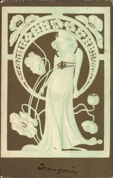Jugendstil Präge Ak Frauenbildnis, Blumen