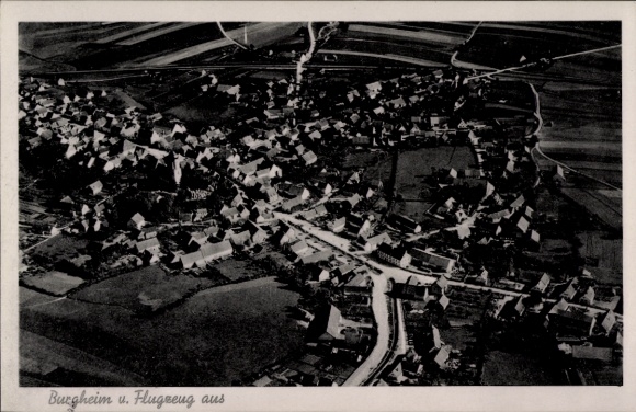 Postcard Burgheim an der Donau, aerial photograph of houses, fields, streets, black and white
