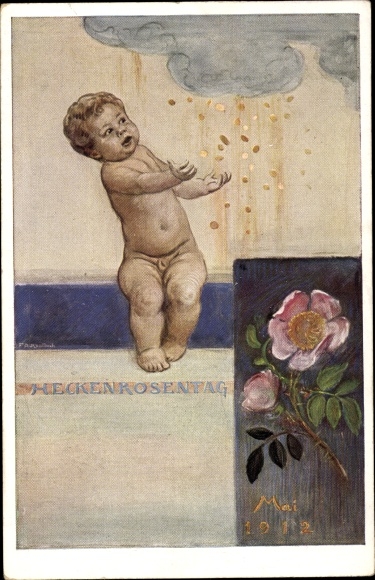 Artist postal stationery PC Kaulbach, Friedrich, August, Heckenrosentag May 1912, Putte, rain of money