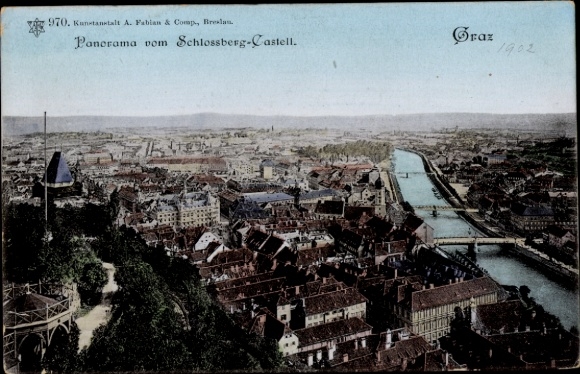 Ak Graz Steiermark, Panorama vom Schlossberg-Castell, Stadtansicht, Jahr 1902