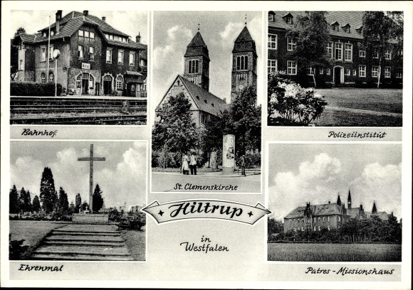Ak Hiltrup Münster in Westfalen, Bahnhof Gleisseite, Patres Missionshaus, Ehrenmal, Polizeiinstitut
