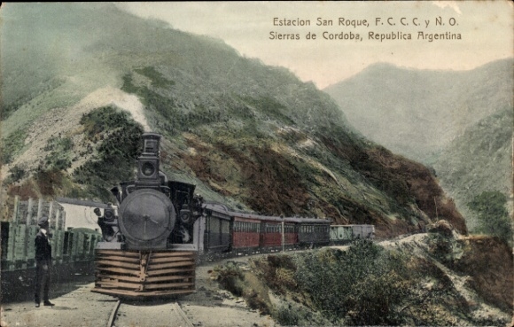 Postcard San Roque Argentina, train entrance at the station, Sierras de Cordoba