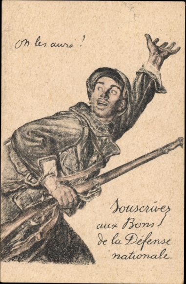 Postcard French soldier in uniform calls for fight, propaganda