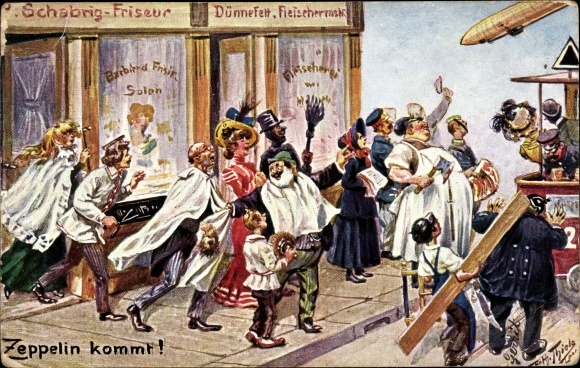 Artist Postcard Thiele, Arthur, Zeppelin comes, butcher and hairdresser with customers