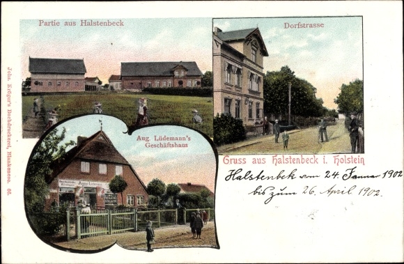 Ansichtkaart Halstenbek Sleeswijk-Holstein, gedeeltelijk aanzicht, Dorfstrasse, winkel A. Lüdemann