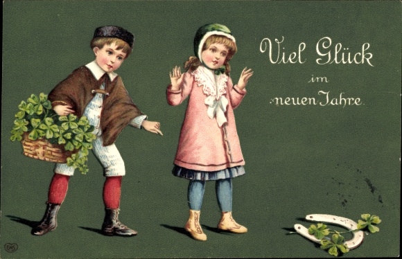 Embossed Postcard Congratulations New Year, children, horseshoe, lucky clover