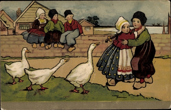 Künstler Ak Parkinson, Ethel, Kinder in niederländischer Tracht, Gänse