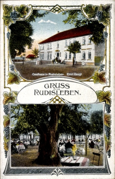 Ak Rudisleben Arnstadt in Thüringen, Gasthaus in  Emil Hergt, große Bäume, Tische im Freien