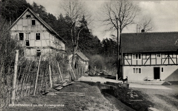 Postcard Soisdorf Eiterfeld in Hesse, old beech mill on the zone border