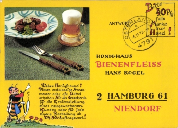 Ak Werbung, Honighaus Bienenfleiß Hans Kogel, Hamburg, Essen auf dem Teller, Bier