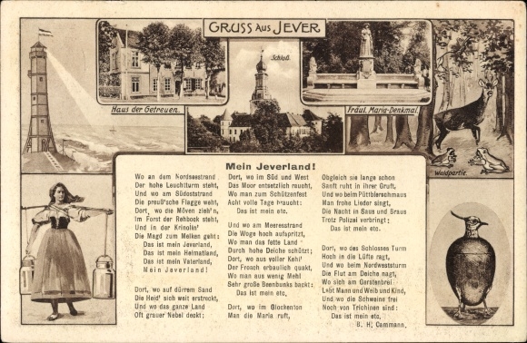 Gedicht Ak Jever in Oldenburg Friesland, Kiebitzbecher, Mein Jeverland, Leuchtturm,Haus der Getreuen