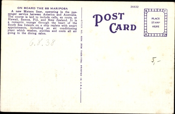 Ak-passagiersschip SS Mariposa, Matson Lines