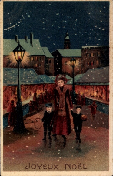 Postcard Congratulations Christmas, market, market stalls, children