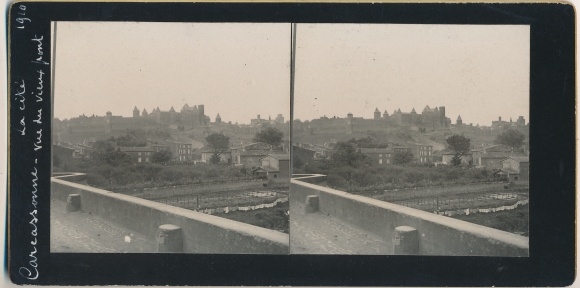 Stereo photo Carcassonne Aude, city view, 1910
