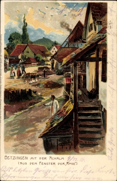 Kunstenaar Litho Bergen, Fritz, Betzingen Reutlingen, Achalm, Uit het raam van de roos