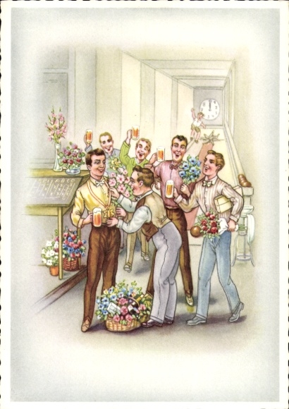 Künstler Ak Kegelbahn, Freunde beim Spielen, Blumen