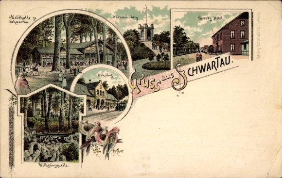 Litho Bad Schwartau in Ostholstein, Geertz Hotel, Waldhalle, Bahnhof, Pariener Berg