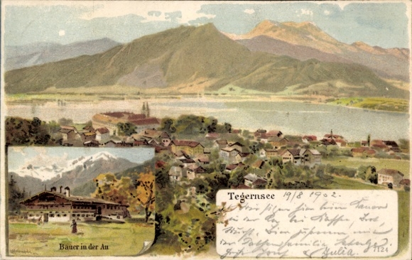 Chromo-Litho Tegernsee in Upper Bavaria, general view, farmer in the meadow