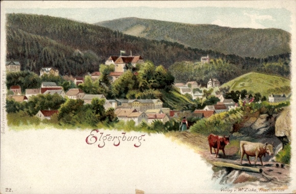 Postcard Elgersburg in Thuringia, urban landscape with mountain slope, houses, cows