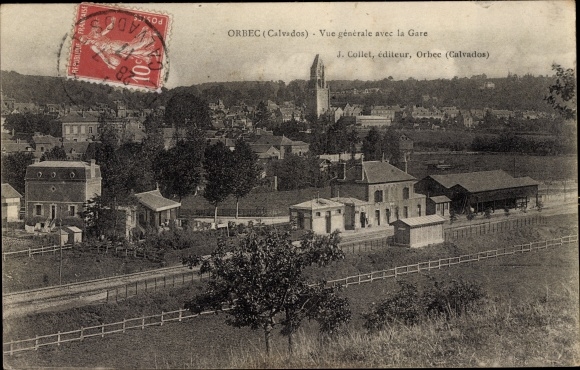 Postcard Orbec Calvados, General view with the station