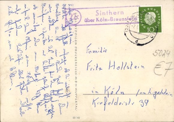 Country postmark (22c) Sinthern Pulheim via Cologne - Braunsfeld on PC, June 7, 1960