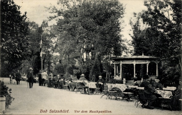 Postcard Bad Salzschlirf in Hesse, music pavilion, café terrace, trees, people