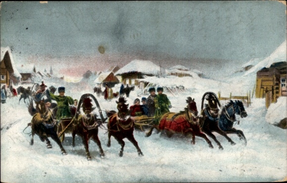 Postwaardestuk kunstenaar ansichtkaart Gruzinski, PN, sleeteam, winter, sneeuw