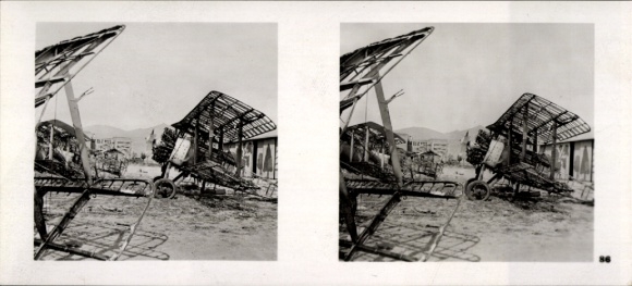 Stereo spatial image photo flying and winning No. 86, destroyed Greek aircraft in Salonika